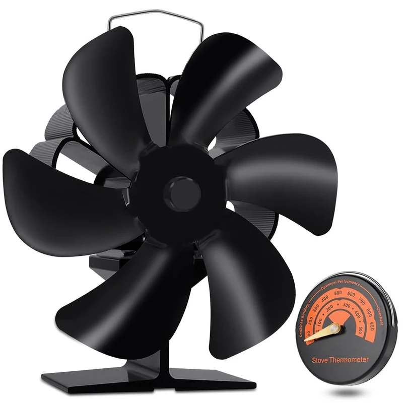 MIVITOOM 6 Blade Log Burner Fan with Thermometer - Mini Stove Fan Heat Powered for Wood Burning Stove, Silent Operation Eco Friendly Circulation for Log Burner/Fireplace