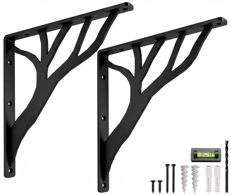 Rustic Tree Black Heavy Duty Shelf Brackets 12 inch by Balin Designs, Decorative L Brackets, Iron Metal Floating Shelf Bracket, Wall Mount Shelving Bracket, Included Hardware, Set of 2