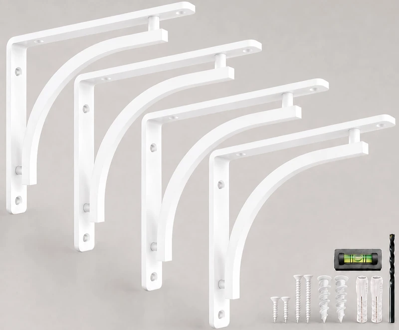 Classic White Heavy Duty Shelf Brackets 8 inch by Balin Designs – L Bracket, Wall Mounted Support, Shelving Metal Bracket, Decorative Shelf Brackets, with Hardware Included, Set of 4