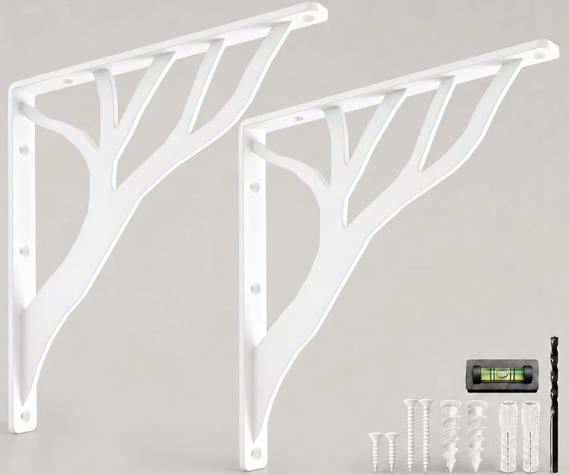 Rustic Tree White Heavy Duty Shelf Brackets 12 inch by Balin Designs, Decorative L Brackets, Iron Metal Floating Shelf Bracket, Wall Mount Shelving Bracket, Included Hardware, Set of 2