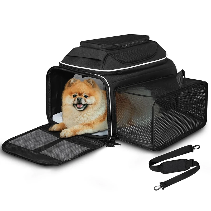 Petskd Top and Side Expandable Pet Carrier 17x11x9.5 Southwest Alaska Airline Approved, Soft Small Dog Cat Carrier for 1-10 LBS Pets with Locking Safety Zipper and Anti-Scratch Mesh(Black)
