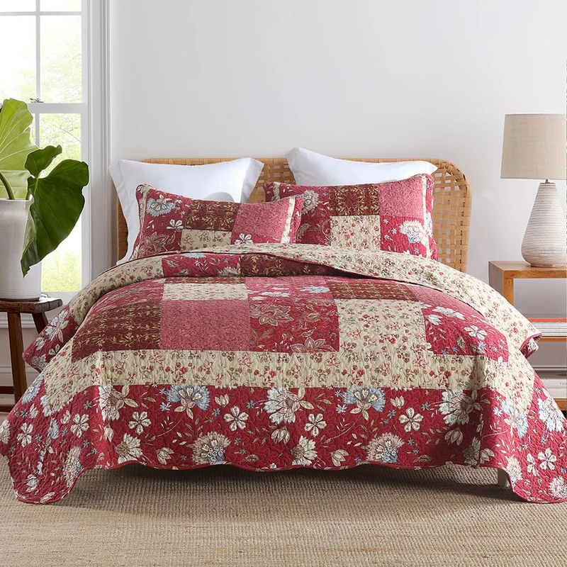 camandy Cotton Bedspread Quilt Bedding Sets 3 Pieces Reversible Coverlet Sets Comforters Vintage Floral Patchwork Purple Red Bedspread, King Size