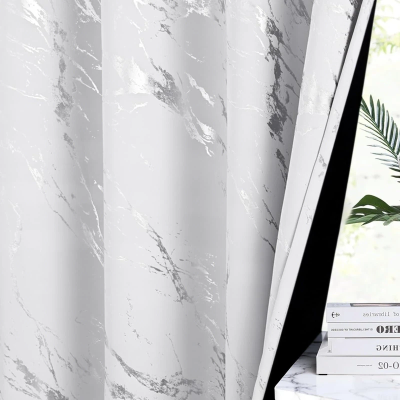 WUBODTI Grey White and Silver 100% Blackout Curtains for Bedroom 84 Inch Length 2 Panels Set, Marble Patterned Grommet Curtain Modern Silver Metallic Thermal Insulated Drapes for Living Room