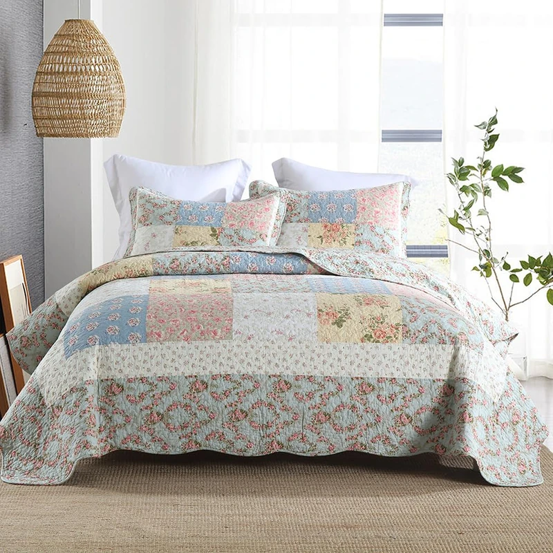 camandy Cotton Bedspread Quilt Bedding Sets 3 Pieces Reversible Coverlet Sets Comforters Green Rose Floral Patchwork Bedspread, King Size