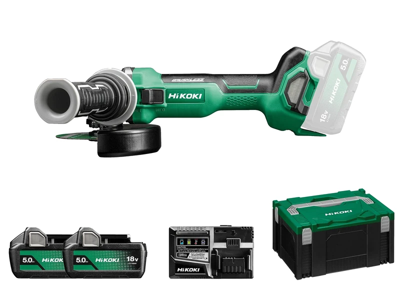 HIKOKI Akku Winkelschleifer G1813DA (18V, 2x5,0 Ah Li-ion Akkus, Schleifscheiben Ø: 125 mm, Antriebsspindel: M14, Leerlaufdrehzahl: 8000 min-1, Brushless Motor) Zubehör komplett im HSC III Koffer.