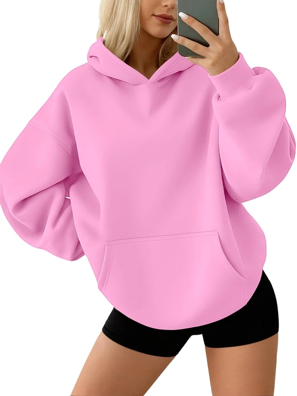AUTOMET Womens Oversized Sweatshirts Fleece Hoodies Long Sleeve Shirts Pullover Fall Clothes with Pocket, Pink, Medium