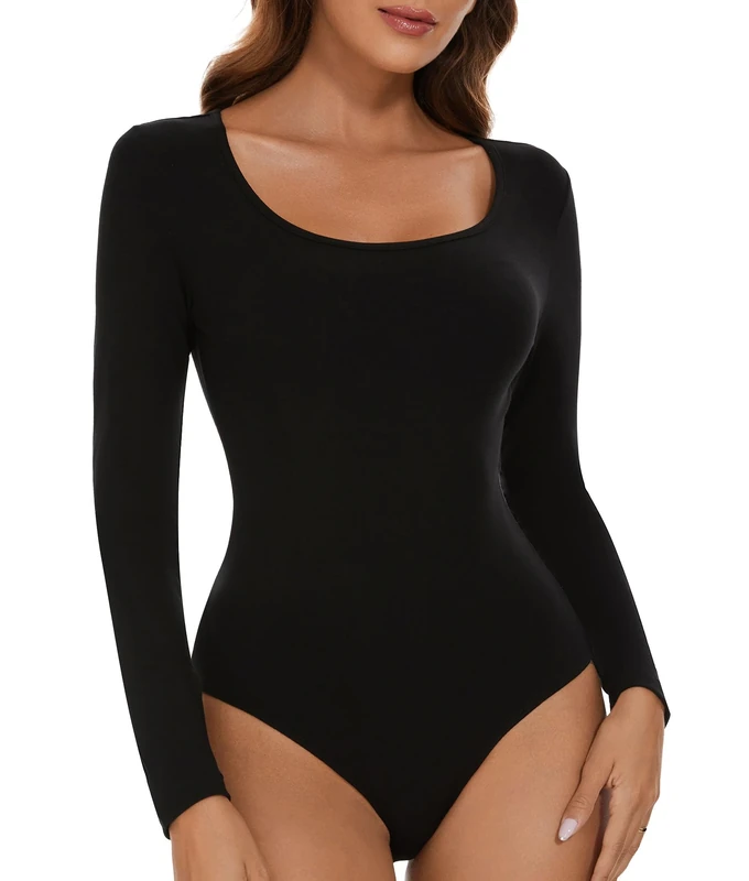 SHAPERIN Women's Bodysuit Round Neck Long Sleeve Body Suit Top Tanga Leotard Jumpsuit Tops Casual Bodysuits Going Out Black XL