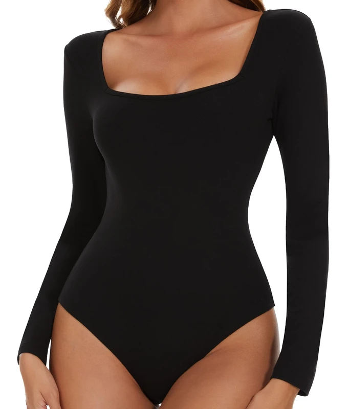 SHAPERIN Women's Bodysuit Square Neck Long Sleeve Body Suit Top Tanga Leotard Jumpsuit Tops Elegant Bodysuits Going Out Black M