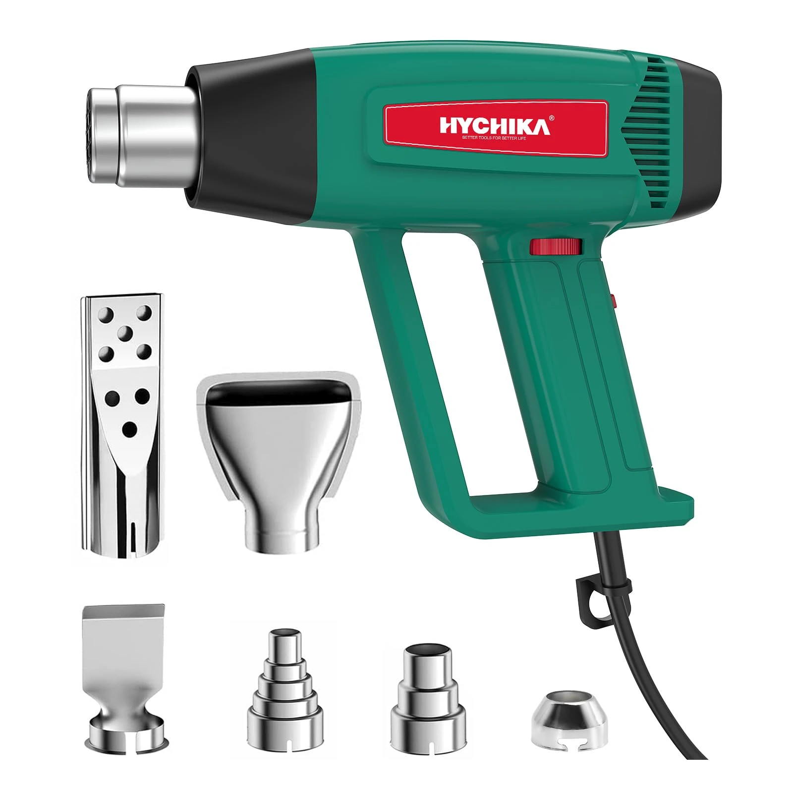HYCHIKA Professional Heat Gun, 60℃- 600℃ Stepless Variable Temp, 1800W Pure Copper Motor, 1.5S Fast Heating, Overload Protection, 6 Nozzles for Paint Stripping, Heat Shrink and Crafts DIY etc