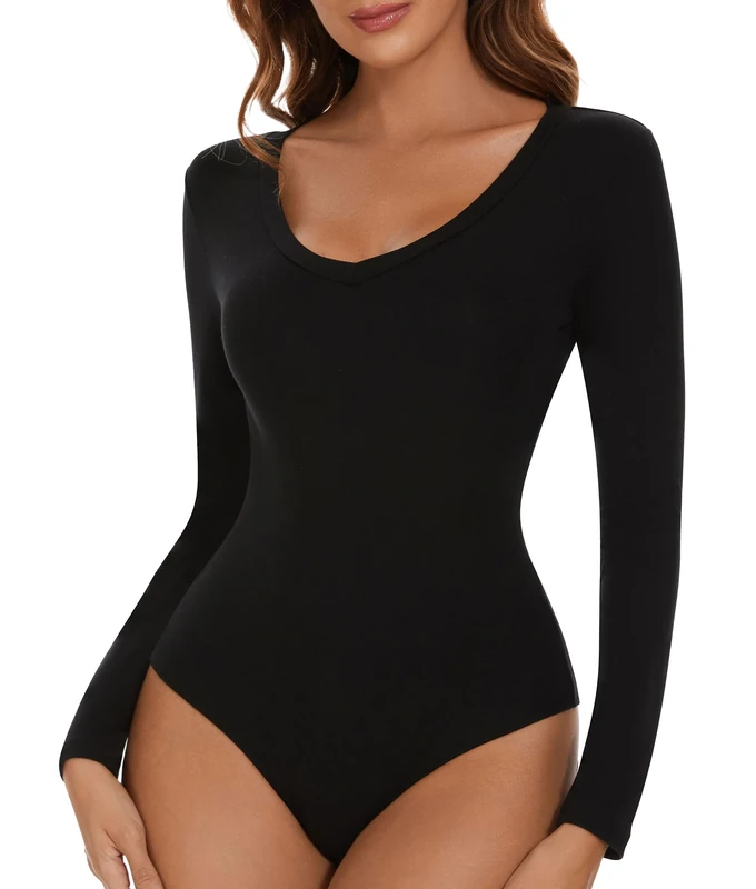 SHAPERIN V Neck Bodysuit Women's Bodysuits Long Sleeve Body Suit Leotards for Women Jumpsuit Top Sexy Bodysuits Tops Black M