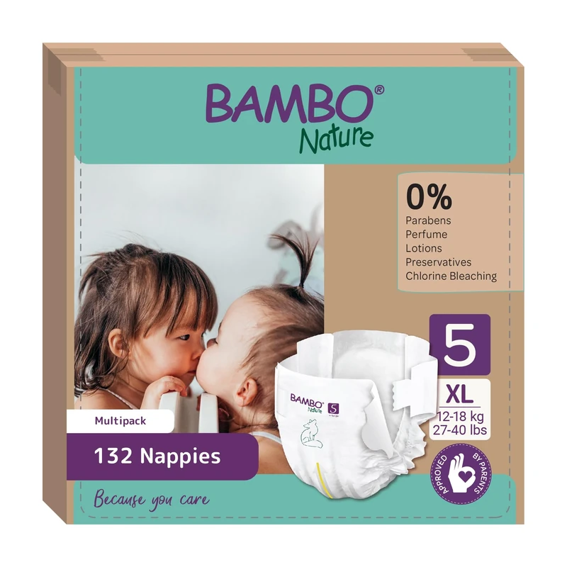 Bambo Nature Premium Eco Nappies, Size 5 (27-40lb/12-18kg), Junior, 132PK, Eco-Labelled Nappies, Enhanced Leakage Protection, Secure and Comfortable Baby Nappy