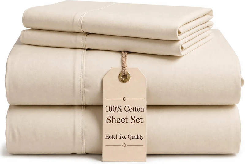 Good Sleep Queen 4 Piece Deep Pocket Cotton Sheets, Breathable Luxury Queen Size Sheets, Fits Upto 16 Inches - Ivory