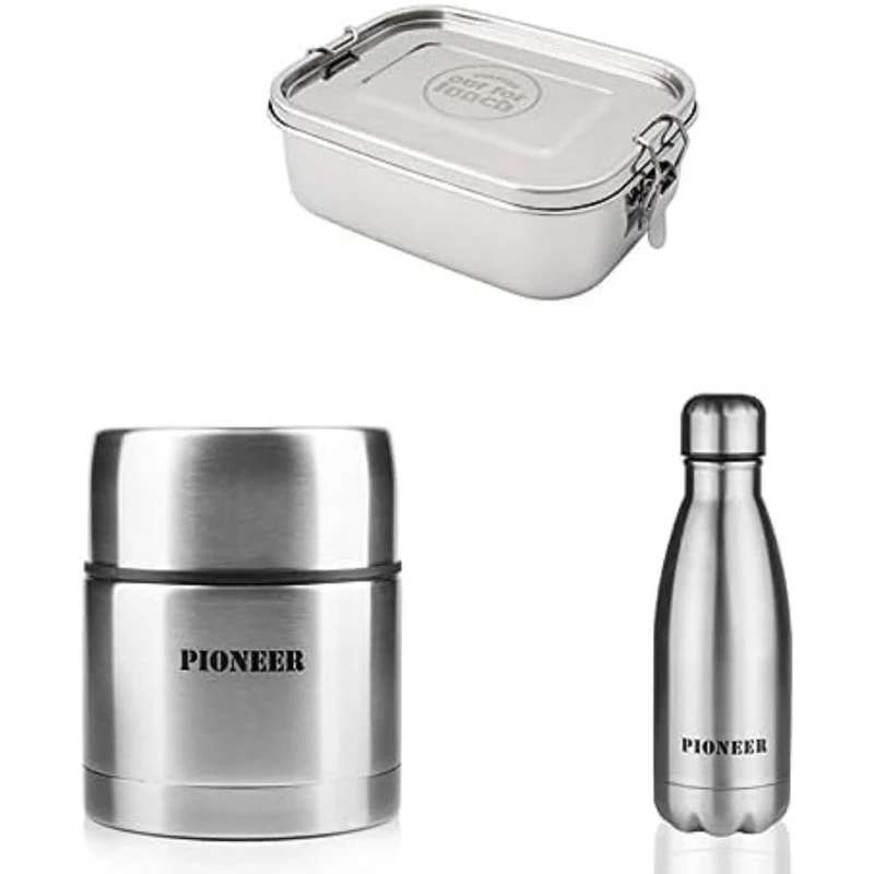 Pioneer Out for Lunch Stainless Steel Lunch Box with Cutlery Included 800ml Capacity Vacuum Insulated Soup/Food Flask, 500 ml Vacuum Insulated Stainless Steel Reusable Bottle 500ml