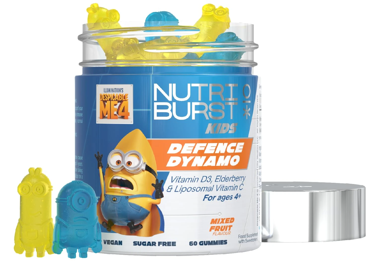 Nutriburst Minions Defence Dynamo Vitamins for Kids - Chewable Vitamins for Immunity & Energy - Vitamin D3, Vitamin C + Black Elderberry Extract - Vegan + Sugar Free - Fruity Flavour - 60 Gummies
