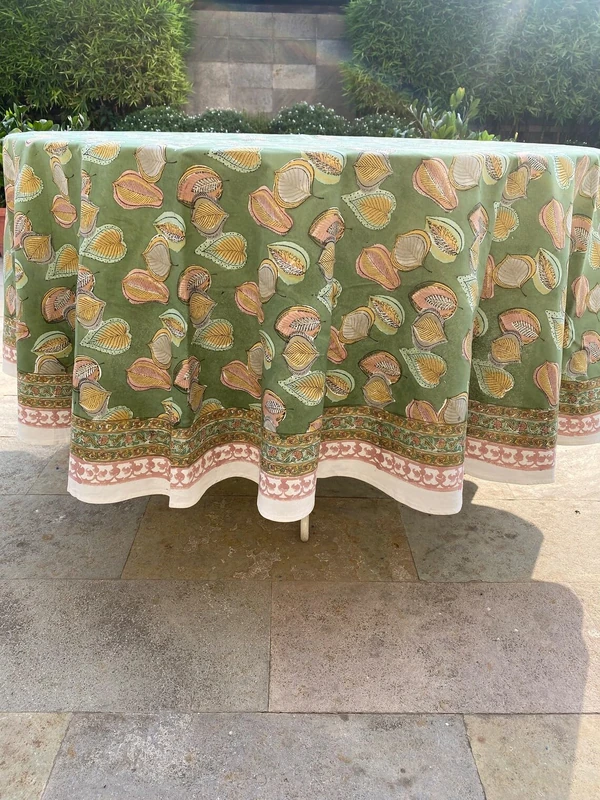 Ridhi Hand Block Print Tablecloth 100% Cotton Material Cover Dinning Stain and Wrinkle Resistant Outdoor Summer (12 Seater 132 Inches Round, Peppermint Green)