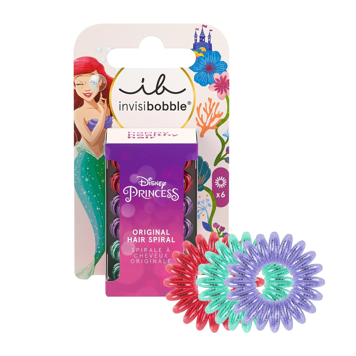 invisibobble Kids Disney Ariel Set of 6, Red, Green & Purple - Spiral Hair Scrunchies Girls - No Pull Hair Scrunchies for Stylish Hold