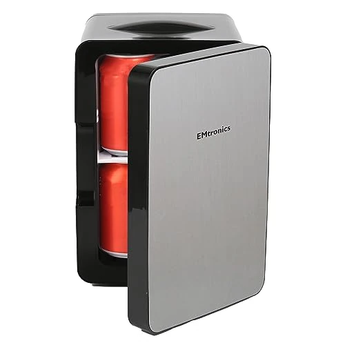 EMtronics EMMF6LBRM Compact Mini Cooler Fridge 6 Litre, 8 Can Portable AC+DC Power For Bedrooms, Cars, Offices; Skincare, Makeup, Cosmetics, Food (Brushed Metal)