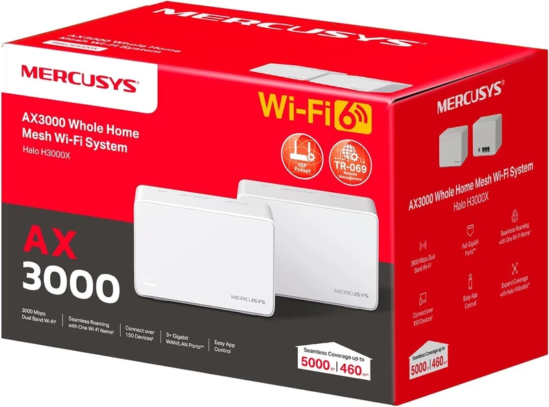 Mercusys Halo H3000X(2-Pack) 6 Mesh WiFi Router, AX3000, Dual Band, Coverage up to 420 m², 3 Gigabit Ports Per Unit, Network Management, Easy Setup with App, WPA3