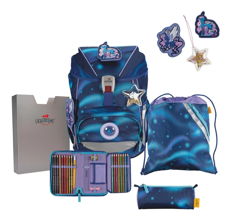 DerDieDas ErgoFlex Superlight Luna Set of 5, Extra Light School Backpack for Primary School, Safe & Ergonomic, for Girls or Boys, Approx. 22 L Volume, White, School Bag Set
