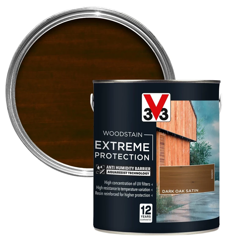 V33 Extreme Protection Woodstain - 12-Year Guarantee - Extreme Weather Protection - Anti-Humidity Barrier - Only 2 Coats - Dark Oak 2.5 litres
