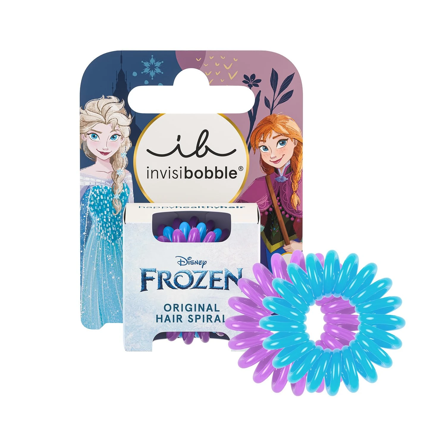invisibobble Kids Disney Frozen Set of 3, Blue & Purple - Spiral Hair Bobbles Girls - Hair Scrunchies without Pull for Perfect Hold