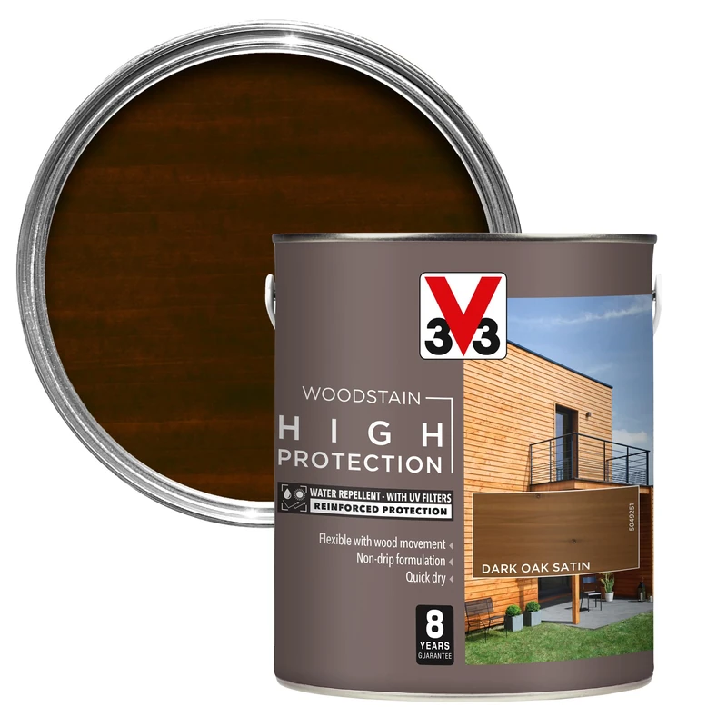 V33 High Protection Woodstain - 8-Year Guarantee - UV Filters - Water-Repellent - Quick-Drying - Only 2 Coats - Dark Oak 2.5 litres