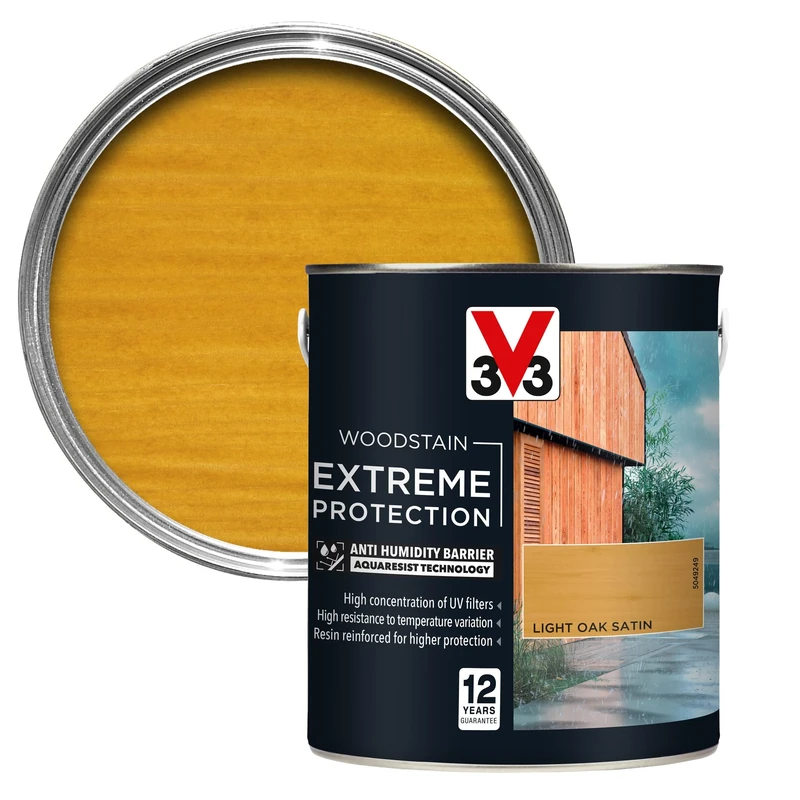 V33 Extreme Protection Woodstain - 12-Year Guarantee - Extreme Weather Protection - Anti-Humidity Barrier - Only 2 Coats - Light Oak 2.5 litres