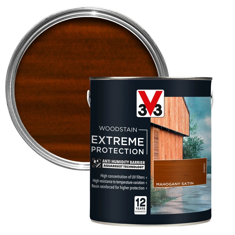 V33 Extreme Protection Woodstain - 12-Year Guarantee - Extreme Weather Protection - Anti-Humidity Barrier - Only 2 Coats - Mahogany 2.5 litres