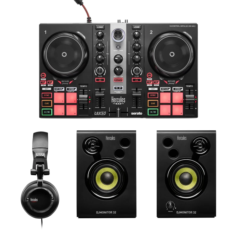 Hercules DJLearning Kit MK2 - All-in-One DJ Starter Set: DJControl Inpulse 200 MK2 Controller, DJMonitor 32 Speakers & HDP DJ45 Headphones - Includes Serato DJ Lite & DJUCED Software