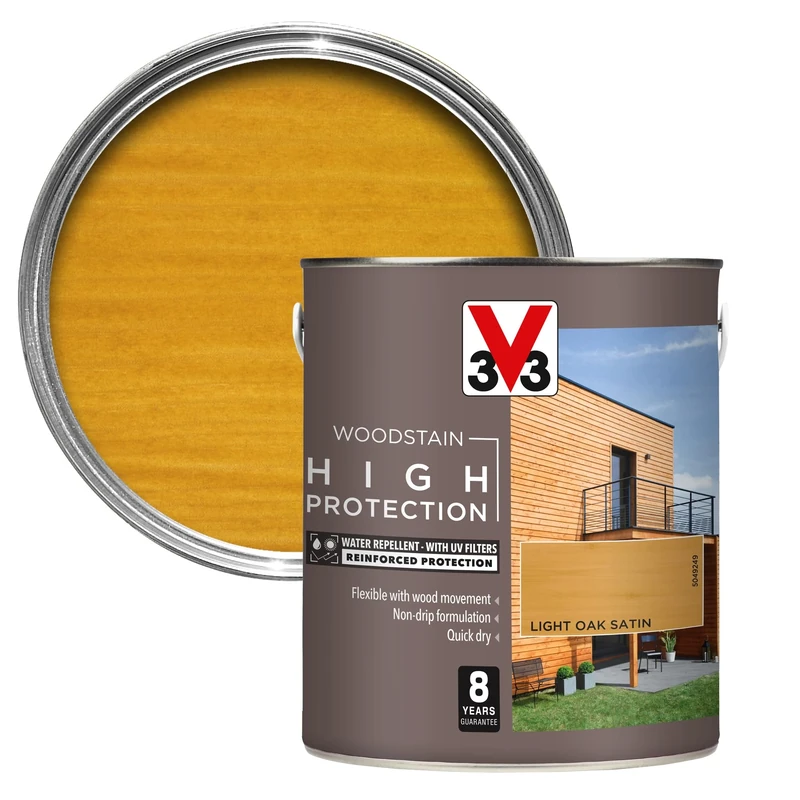 V33 High Protection Woodstain - 8-Year Guarantee - UV Filters - Water-Repellent - Quick-Drying - Only 2 Coats - Light Oak 2.5 litres