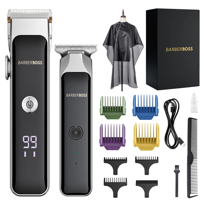 BarberBoss Portable Beard Trimmer Men, Professional Facial Groomer, Men’s Hair Clippers, Self-Sharpening Ceramic Blade, Precision Dial, USB Charging, Red/Green & LED Indicator, QR-2682