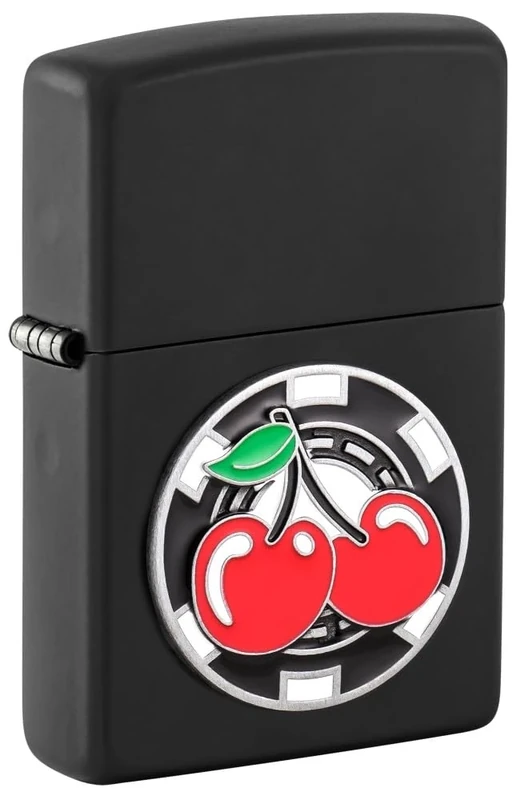 Zippo Windproof Lighter - Poker Chip With Cherries - Black Matte Finish, Emblem - Refillable - Reusable - Windproof Design - Gift Box - Made in USA