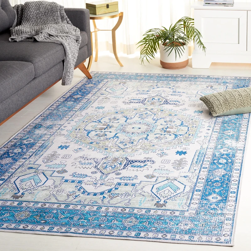 Safavieh Arizona Collection Traditional Rug - Machine Washable & Non Slip - Ideal for High Passage Areas - Short Pile Rug, Blue & Beige, 183 x 274 cm