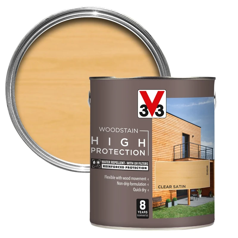 V33 High Protection Woodstain - 8-Year Guarantee - UV Filters - Water-Repellent - Quick-Drying - Only 2 Coats - Clear 2.5 litres