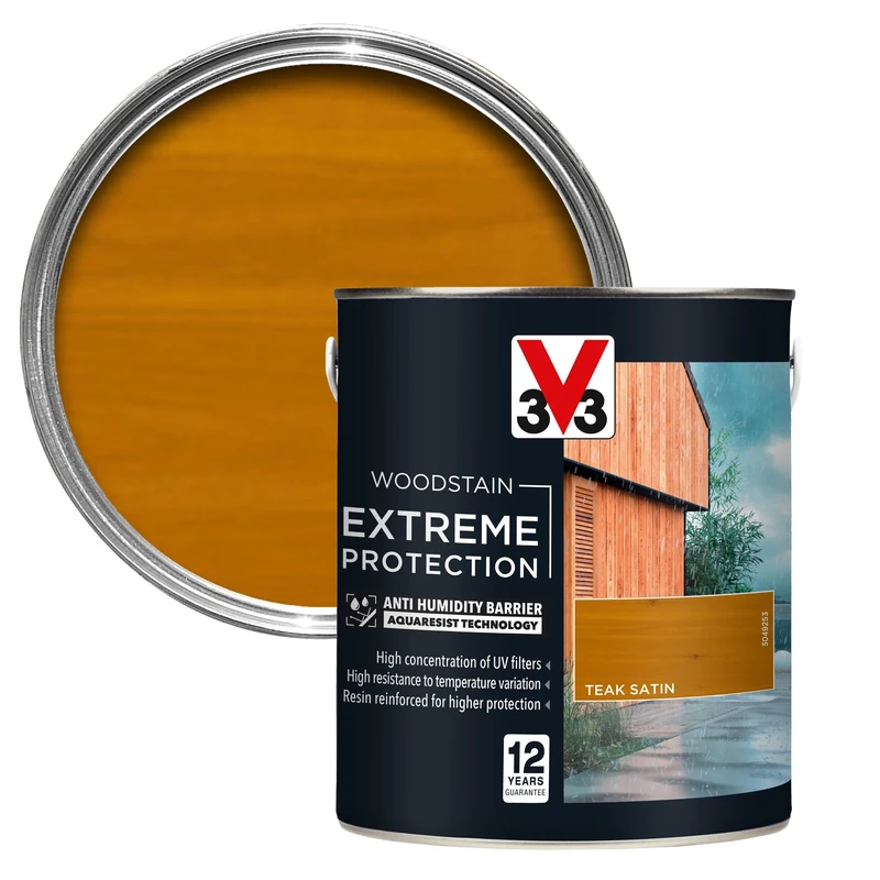 V33 Extreme Protection Woodstain - 12-Year Guarantee - Extreme Weather Protection - Anti-Humidity Barrier - Only 2 Coats - Teak 2.5 litres