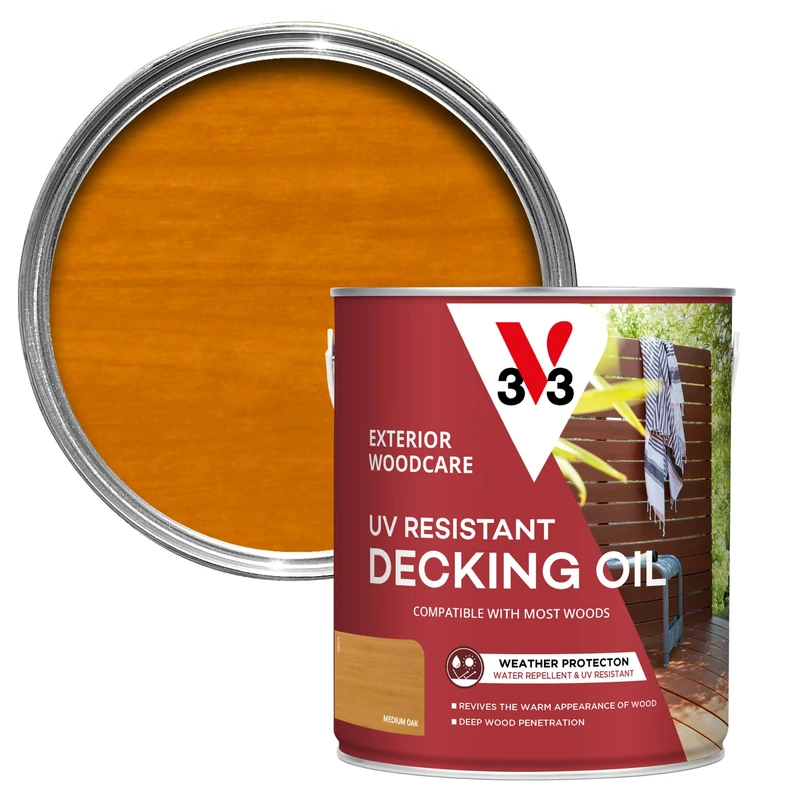V33 UV Resistant Decking Oil - Protects & Revives - Enhanced UV Filters - Water-Repellent - Medium Oak 2.5 Litres