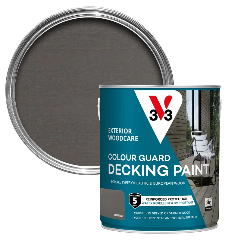 V33 Colour Guard Decking Paint - 5-Year Guarantee - Anti-Slip - UV-Resistant - Dark Silver 2.5 Litres