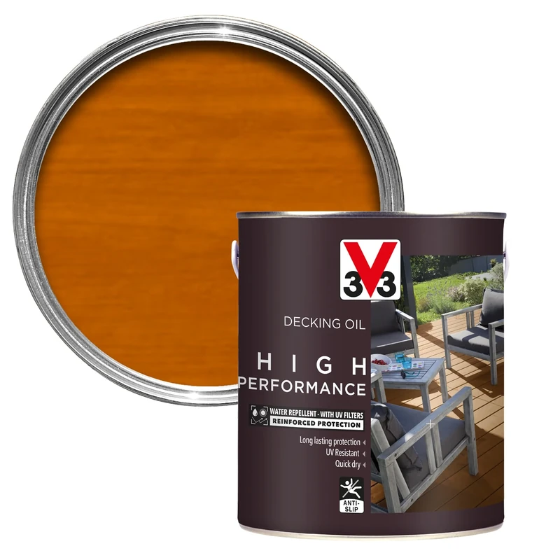 V33 High Performance Decking Oil - Long-Lasting Weather Protection - Anti-Slip - Water-Repellent - UV-Resistant - Light Oak 2.5 Litres