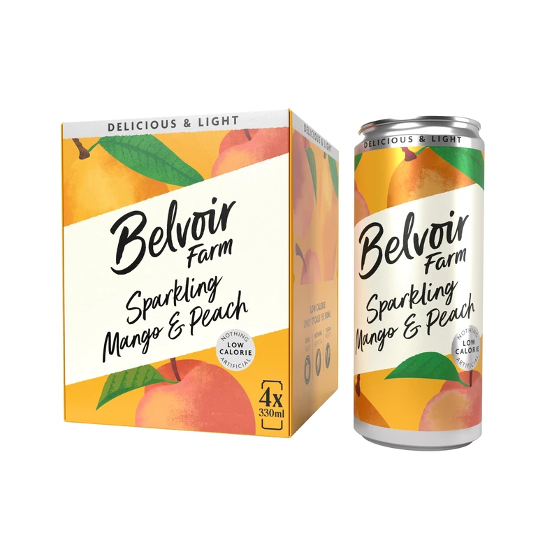 Belvoir Farm - Sparkling Mango & Peach, Delicious and Light, Real Fruit Juice, Low in Calories, Nothing Artificial, Gluten Free, Suitable for Vegetarians & Vegans 24x330ml - Image 1