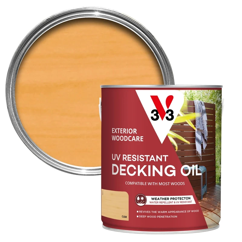 V33 UV Resistant Decking Oil - Protects & Revives - Enhanced UV Filters - Water-Repellent - Clear 2.5 Litres