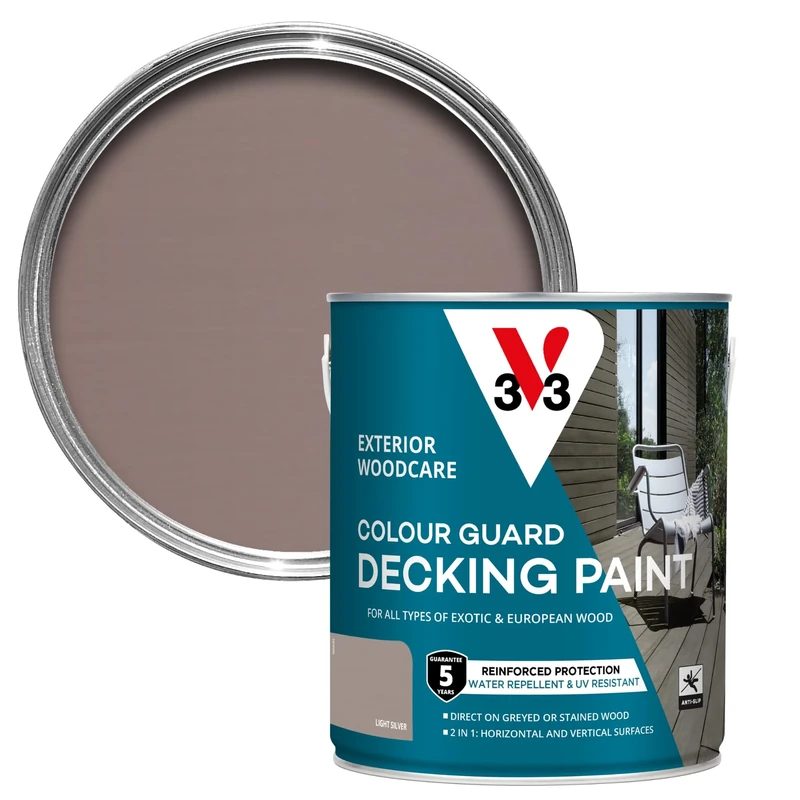 V33 Colour Guard Decking Paint - 5-Year Guarantee - Anti-Slip - UV-Resistant - Light Silver 2.5 Litres
