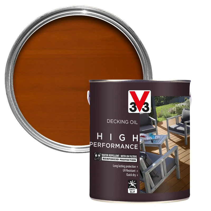 V33 High Performance Decking Oil - Long-Lasting Weather Protection - Anti-Slip - Water-Repellent - UV-Resistant - Teak 2.5 Litres
