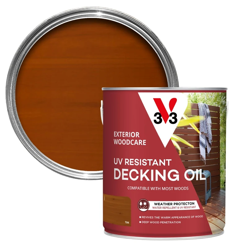 V33 UV Resistant Decking Oil - Protects & Revives - Enhanced UV Filters - Water-Repellent - Teak 2.5 Litres