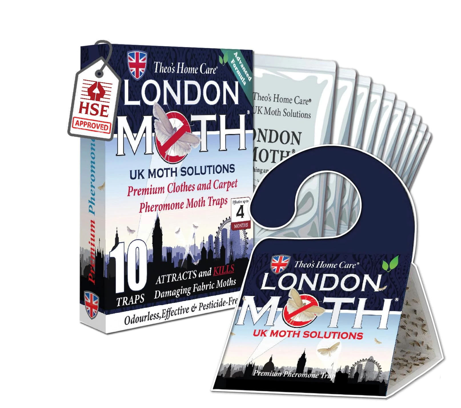 LONDON MOTH KILLER 10 (TEN) Premium Sticky Pheromone Moth Traps for the Common Clothes Moth and Similar Variants, for Wardrobes, Clothes and Carpets. inc. eBook