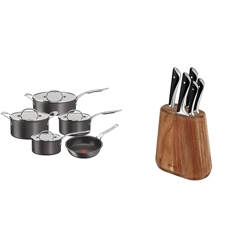 Bundle of Tefal Jamie Oliver Cook’s Classics Pots & Pans Set, 5 Pieces, Non-Stick, Oven-Safe, Induction, Glass Lids, H9125S44 + Kitchen Knives Set, 5 Pieces, Knife Block, Stainless Steel, K267S556