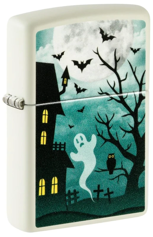 Zippo Windproof Lighter - Spooky Design - White, Colour Image - Glow-in-the-Dark - Refillable - Reusable - Windproof Design - Gift Box - Made in USA