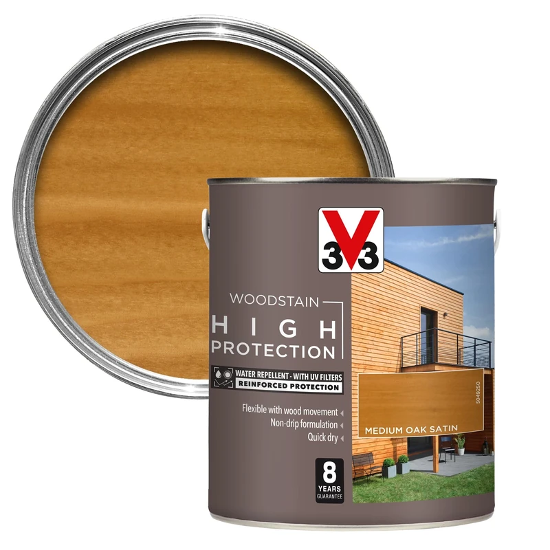 V33 High Protection Woodstain - 8-Year Guarantee - UV Filters - Water-Repellent - Quick-Drying - Only 2 Coats - Medium Oak 2.5 litres