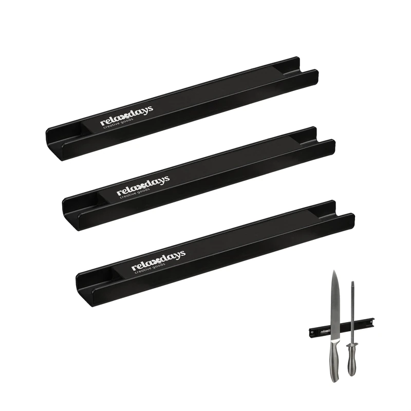 Relaxdays Magnetic Rack, 3X Set, Each 20 cm Long, Steel, Knife Holder for Tools, Garage Storage, Screw on to Wall, Black, 2.5 x 20 x 1.5 cm