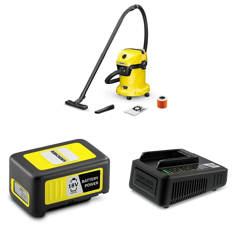 Bundle of Kärcher Battery Wet And Dry Vacuum Cleaner WD 3-18, Blowing Function, Plastic Container: 17 l, Crevice Nozzle+ Kärcher 2.445-035.0 18V BatteryKärcher 24450360 18V Battery Fast Charger, Black