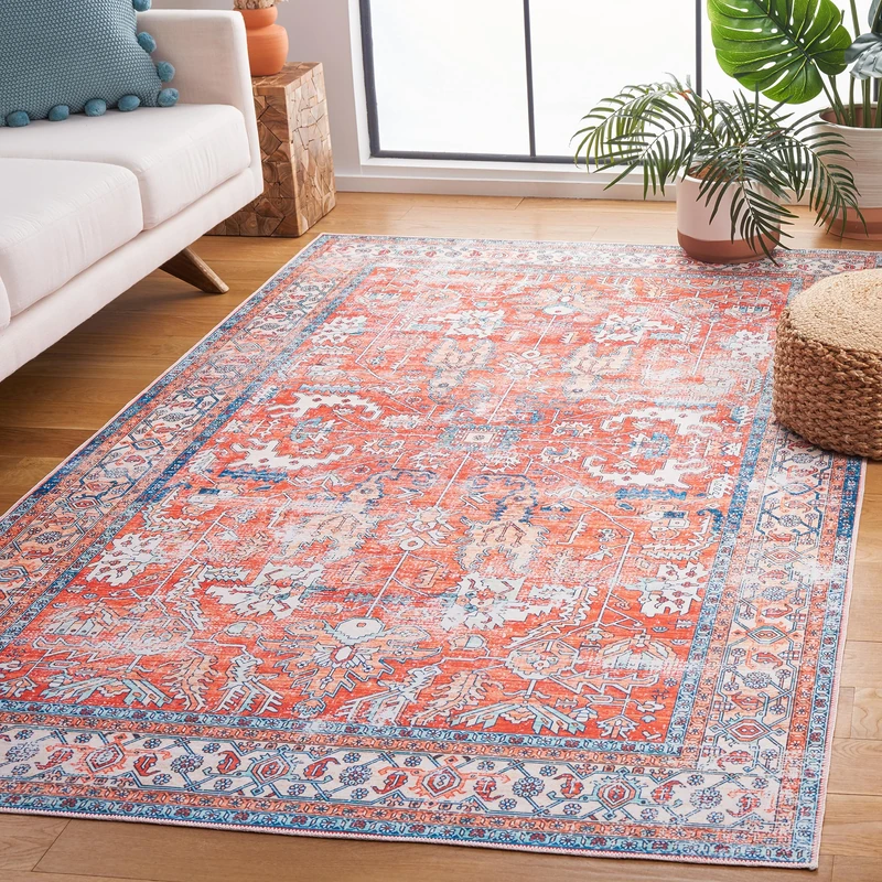 Safavieh Distressed Rug Ideal for High Traffic Areas - Machine Washable and Non Slip - Arizona Collection, Short Pile, in Red and Blue, 120 X 180 cm